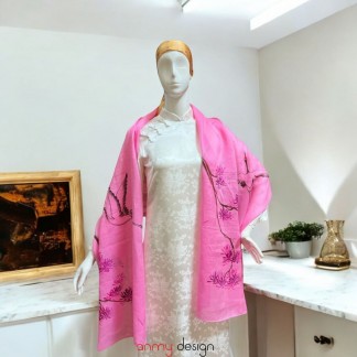 Khăn gai dài màu hồng sen vẽ tay hình tùng hạc 70*190cm